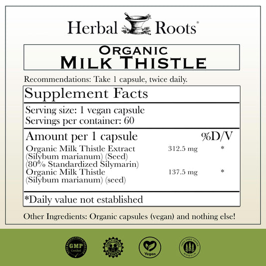 Herbal Roots Milk Thistle bottle side – convenient everyday liver and digestion support.