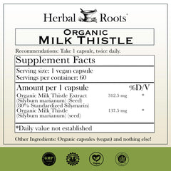 Herbal Roots Milk Thistle bottle side – convenient everyday liver and digestion support.