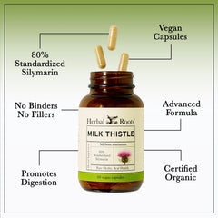Herbal Roots Milk Thistle label closeup – cGMP-certified quality and third-party tested assurance.