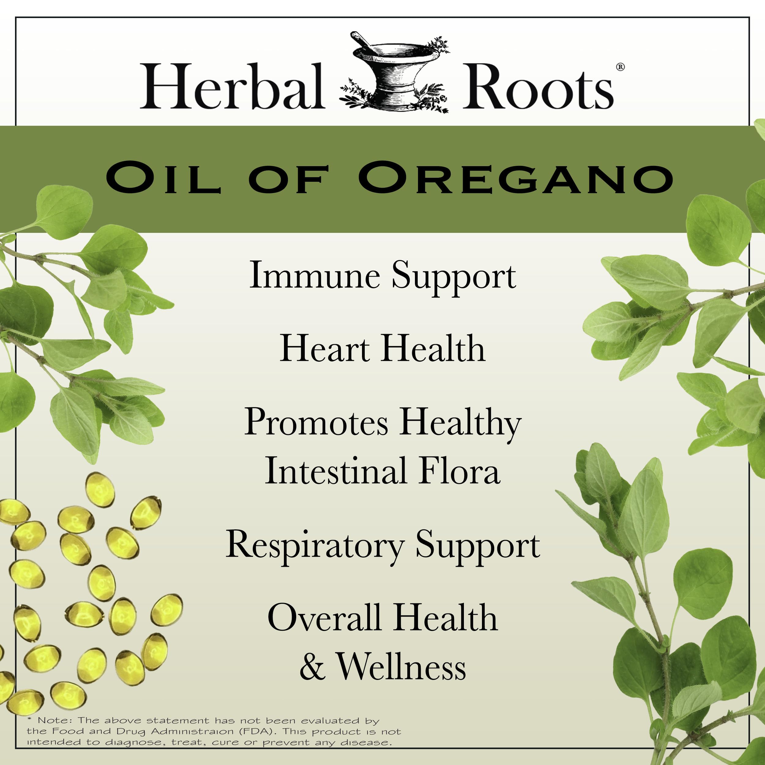 Herbal Roots oregano oil label closeup highlighting purity and ingredients.