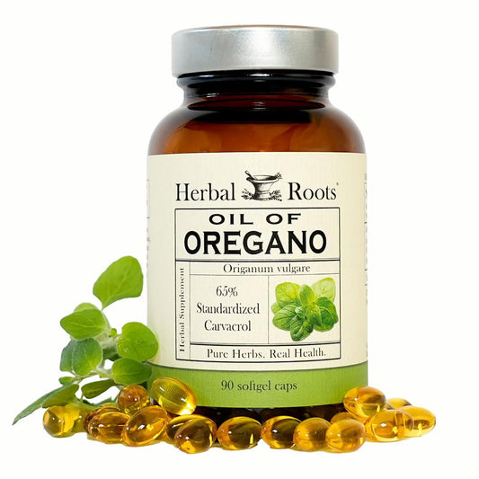 Herbal Roots Oil of Oregano softgel capsules for convenient immune support.
