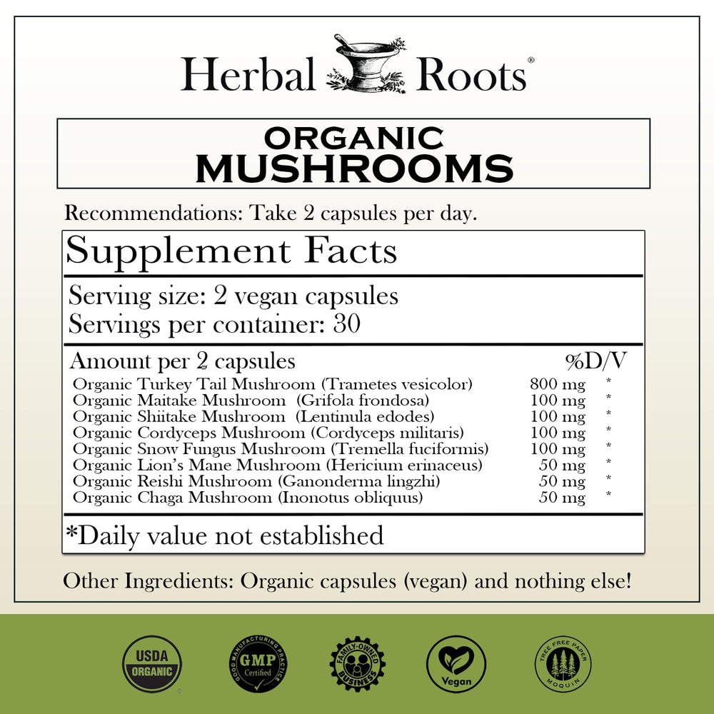 Herbal Roots Organic 8 Mushroom Blend bottle close-up for immune-friendly routines.