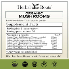 Herbal Roots Organic 8 Mushroom Blend bottle close-up for immune-friendly routines.