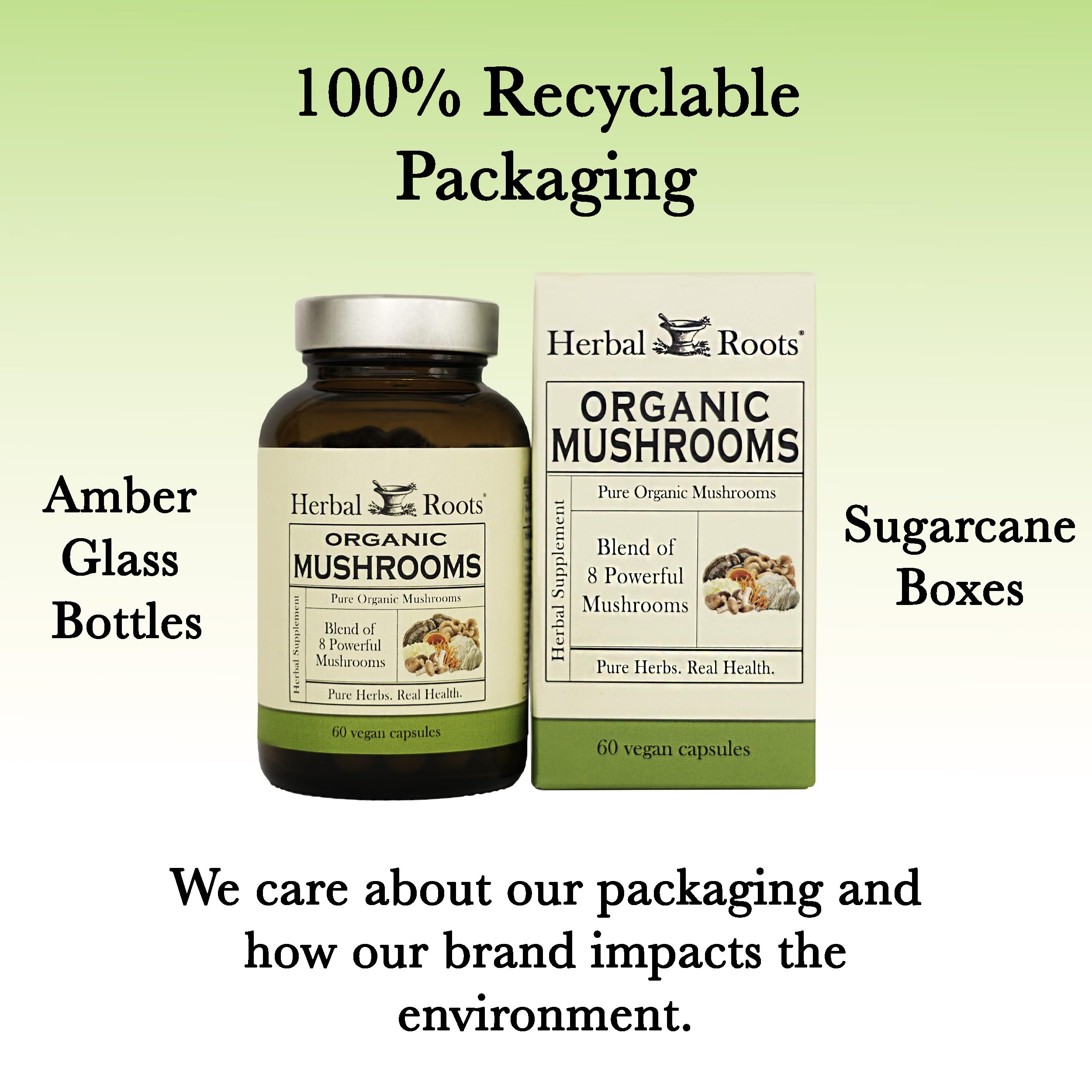 Herbal Roots Organic 8 Mushroom Blend box packaging reflects a family-owned brand.