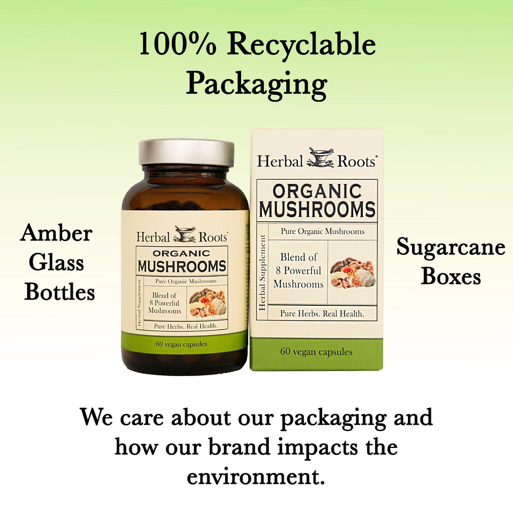 Herbal Roots Organic 8 Mushroom Blend box packaging reflects a family-owned brand.
