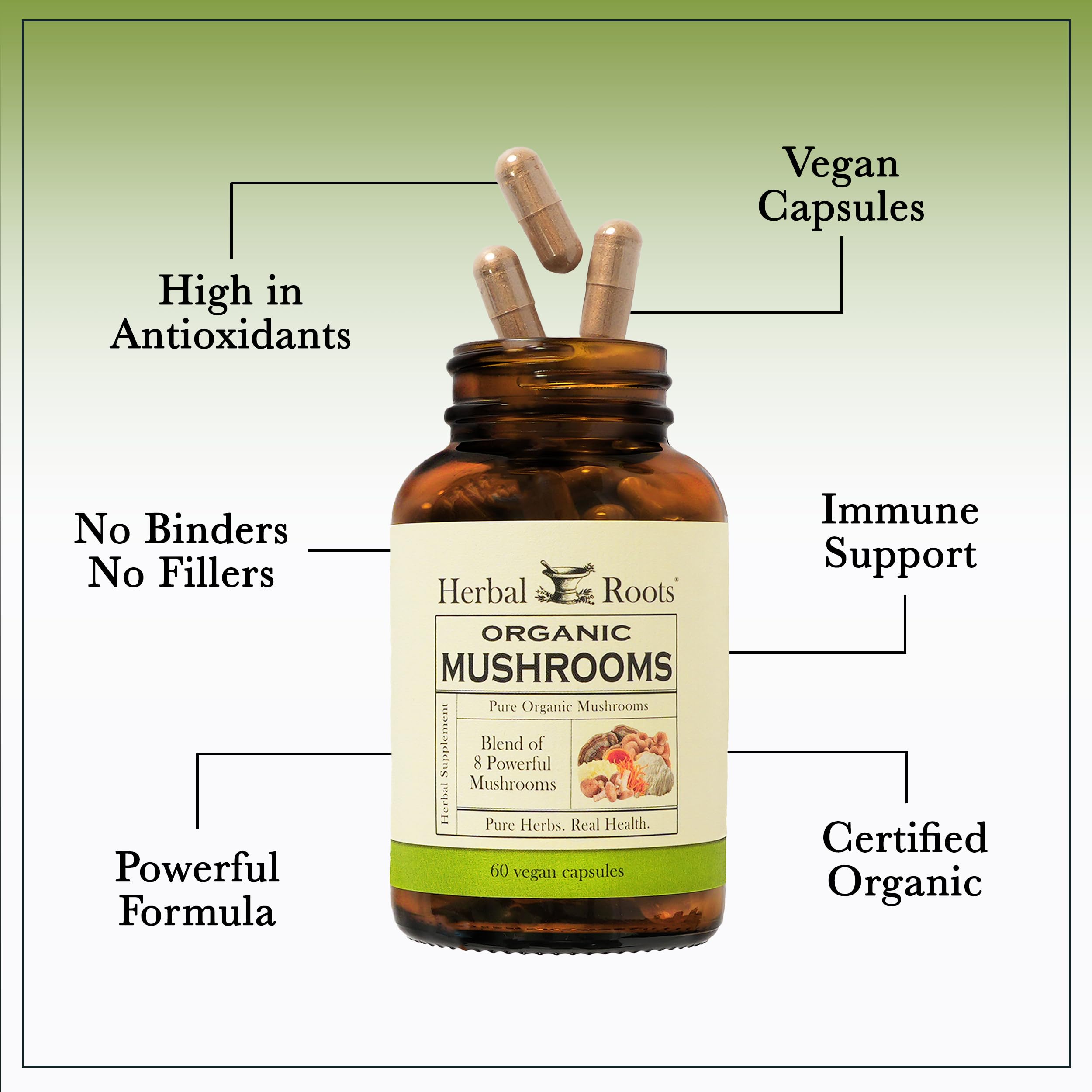 Herbal Roots Organic 8 Mushroom Blend capsules in glass for vegan convenience.