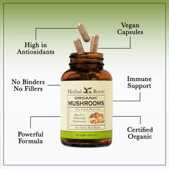 Herbal Roots Organic 8 Mushroom Blend capsules in glass for vegan convenience.