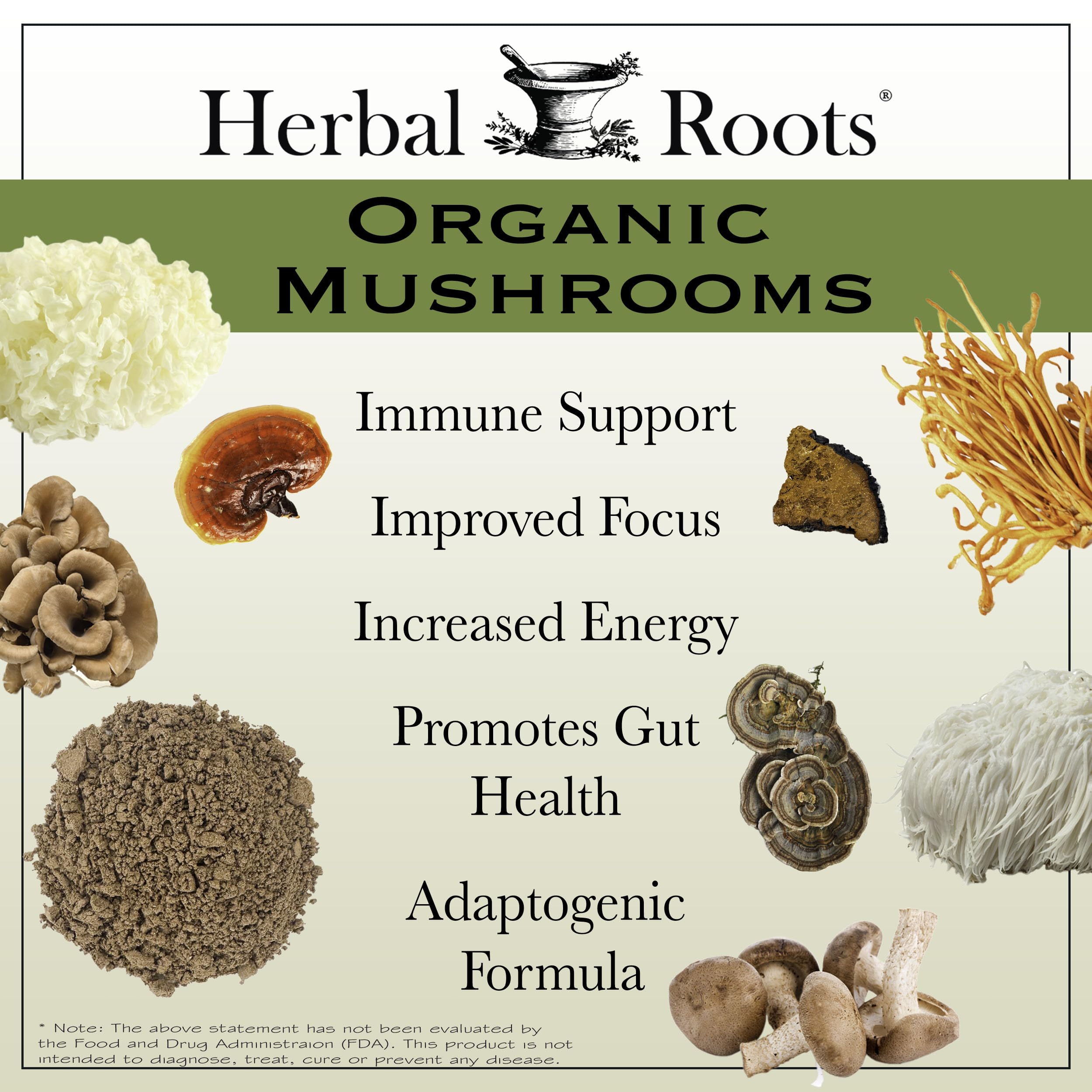 Herbal Roots Organic 8 Mushroom Blend label detail highlighting organic certification.