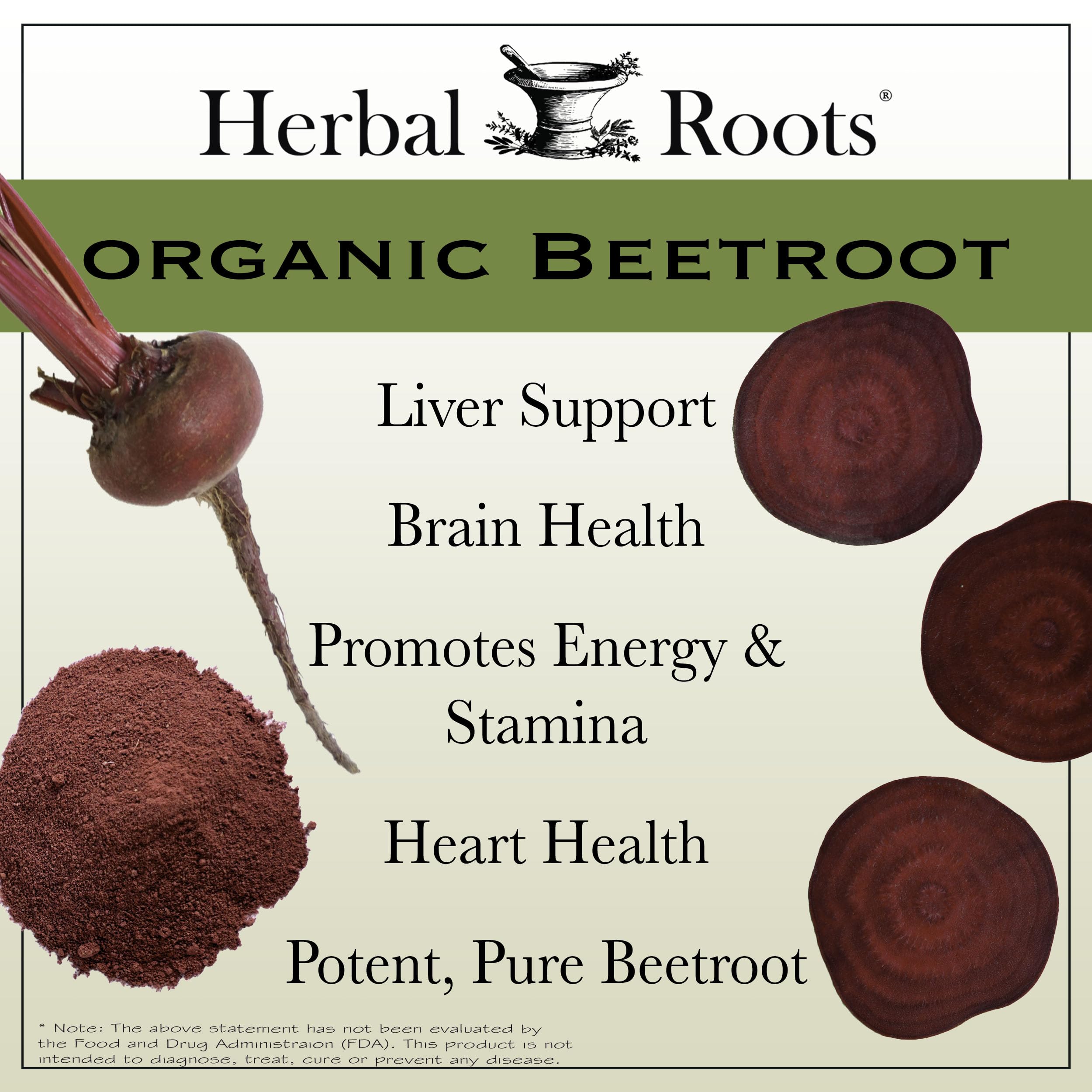 Herbal Roots organic beetroot powder capsules label shows USDA Organic and non-GMO quality.