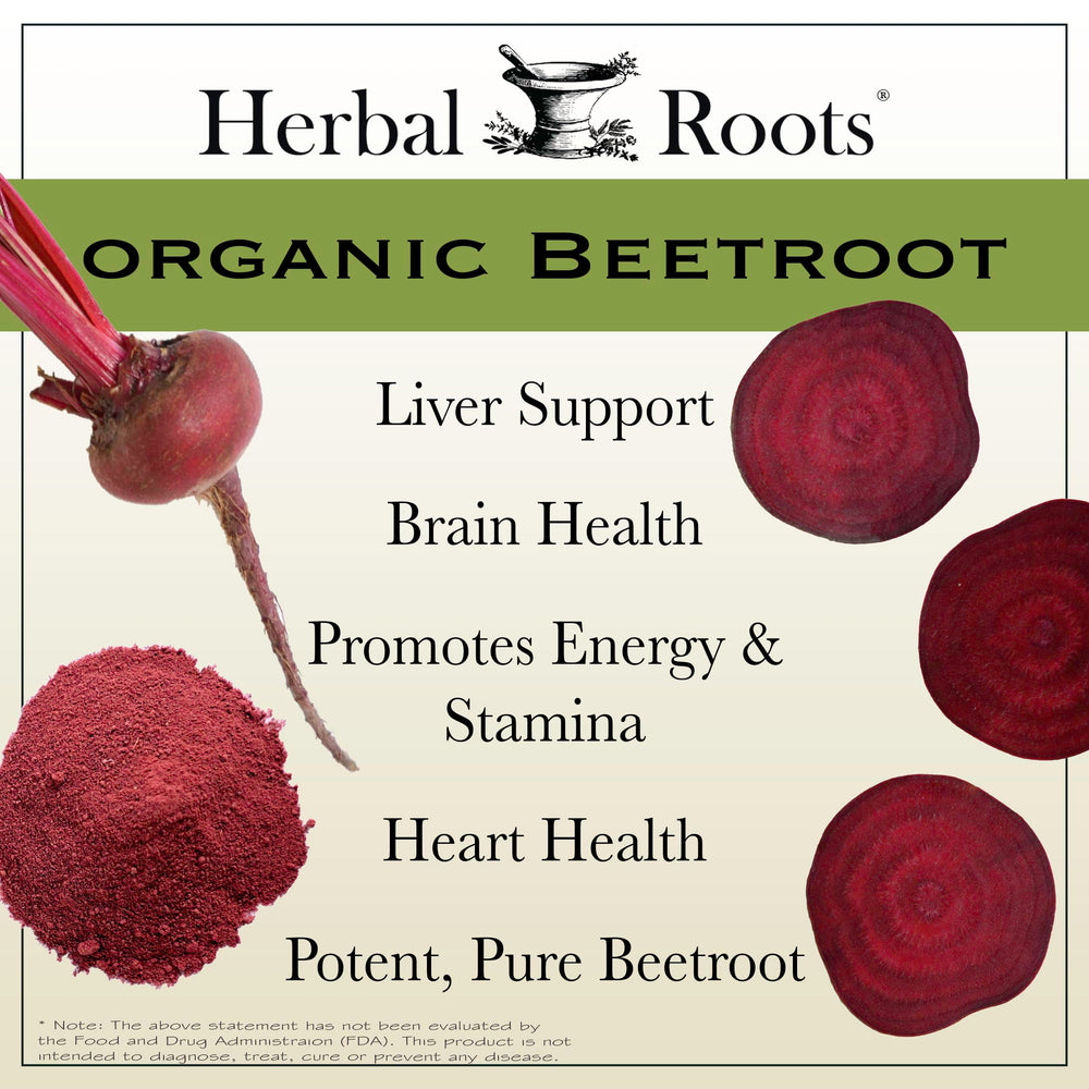 Herbal Roots organic beetroot powder capsules label shows USDA Organic and non-GMO quality.