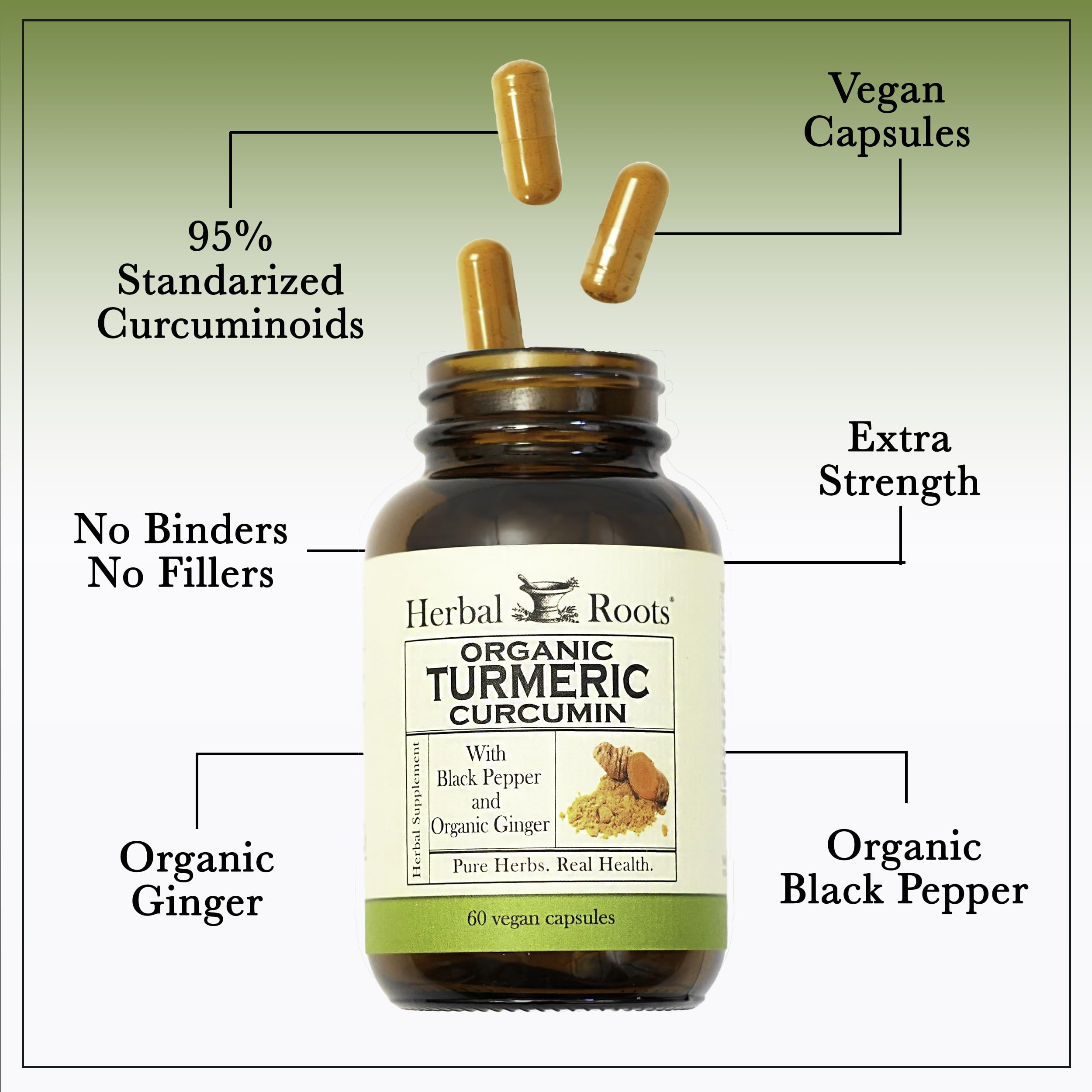 Herbal Roots Organic ginger and black pepper pairing suggests absorption support.