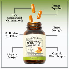Herbal Roots Organic ginger and black pepper pairing suggests absorption support.