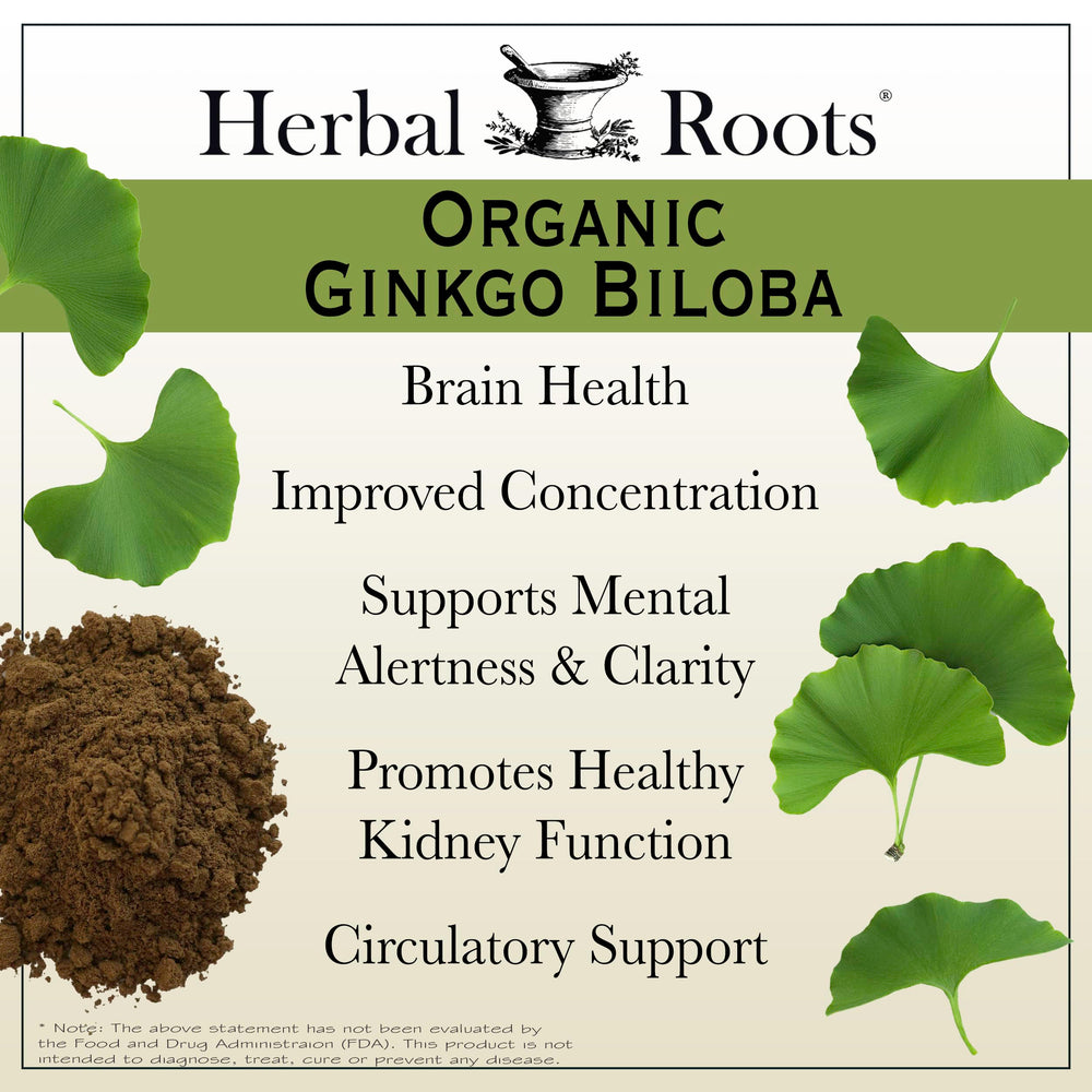 Herbal Roots Organic Ginkgo biloba bottle front – pure ingredients for everyday wellness.