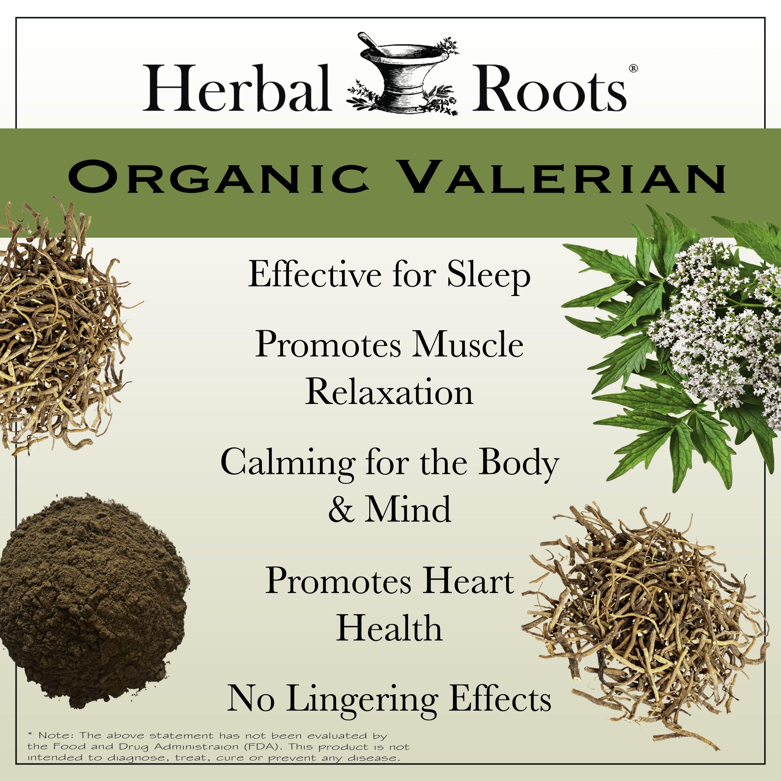 Herbal Roots organic valerian label visible, highlighting certified organic sourcing and quality.