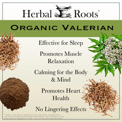 Herbal Roots organic valerian label visible, highlighting certified organic sourcing and quality.