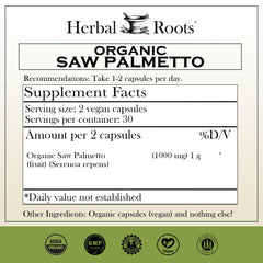 Herbal Roots Saw Palmetto bottle back with clean ingredient details.