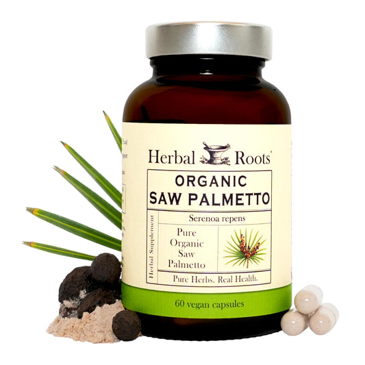 Herbal Roots Saw Palmetto capsules bottle front for daily vegan wellness.