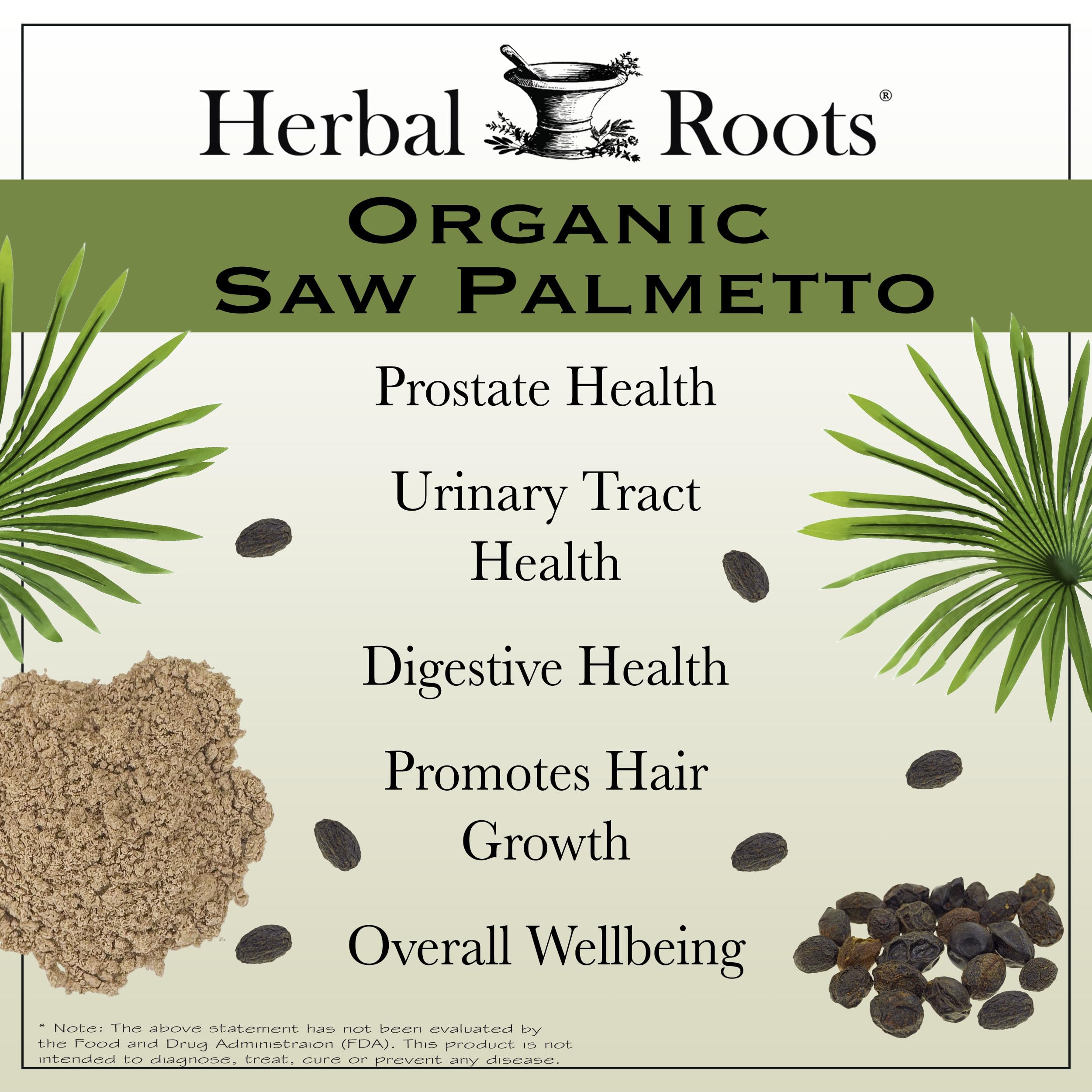 Herbal Roots Saw Palmetto capsules close-up showing smooth vegan capsules.