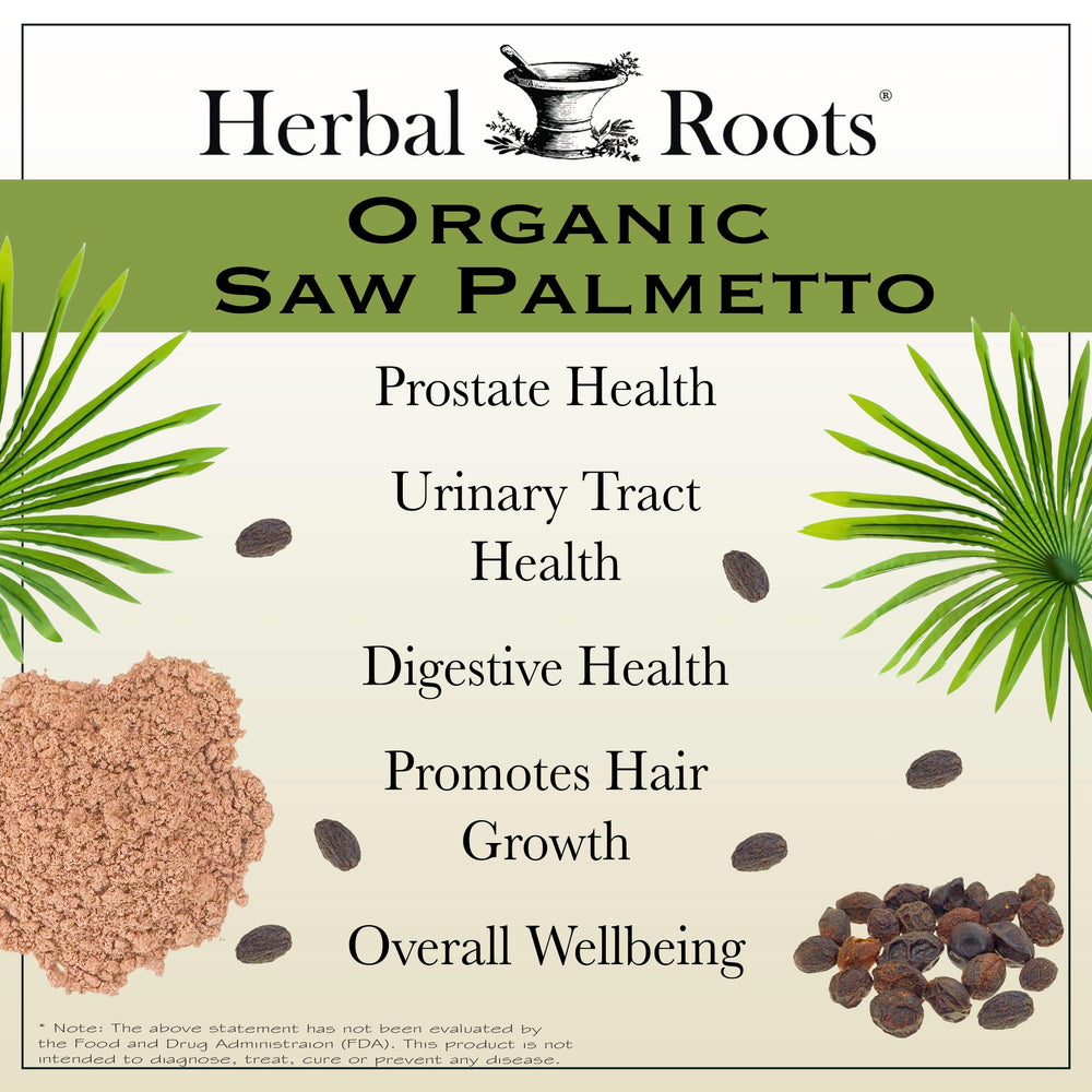 Herbal Roots Saw Palmetto capsules close-up showing smooth vegan capsules.