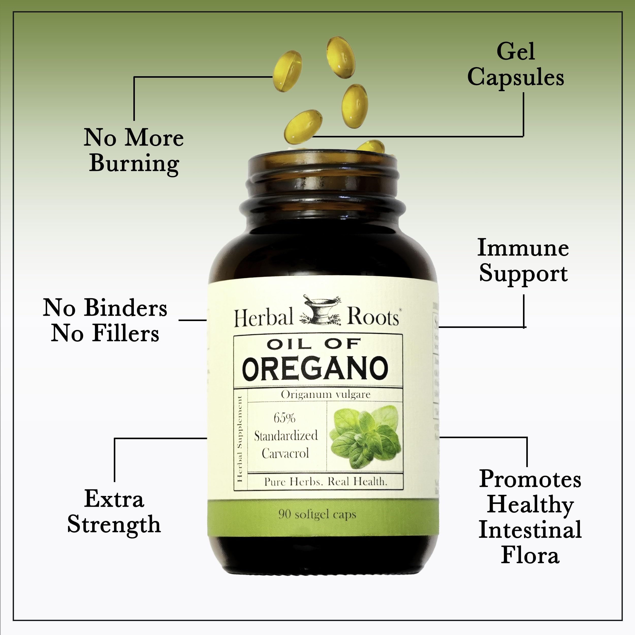 Herbal Roots softgel capsules pour showing easy dosing.