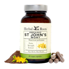 Herbal Roots St Johns Wort capsules bottle with label for mood support