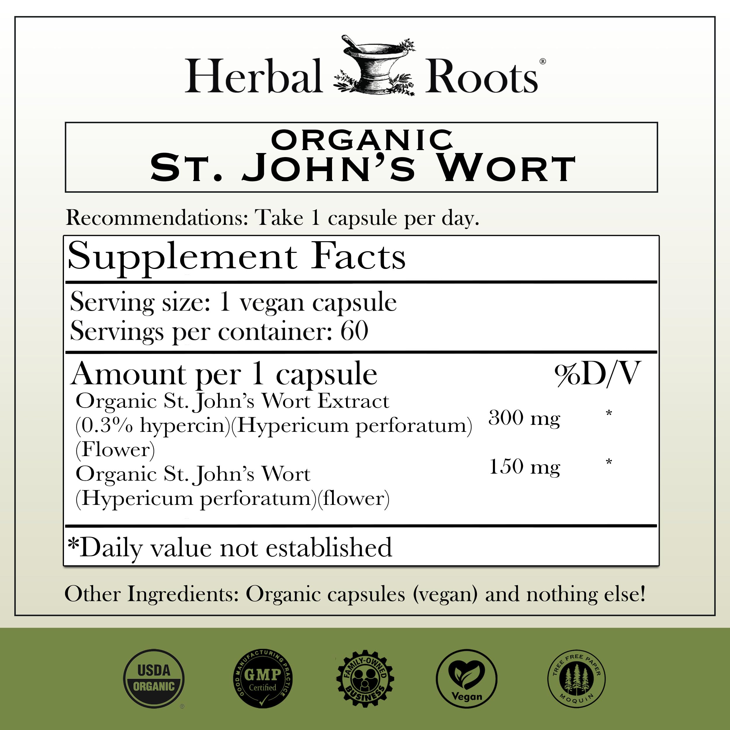 Herbal Roots St Johns Wort capsules close-up showing pure flower extract