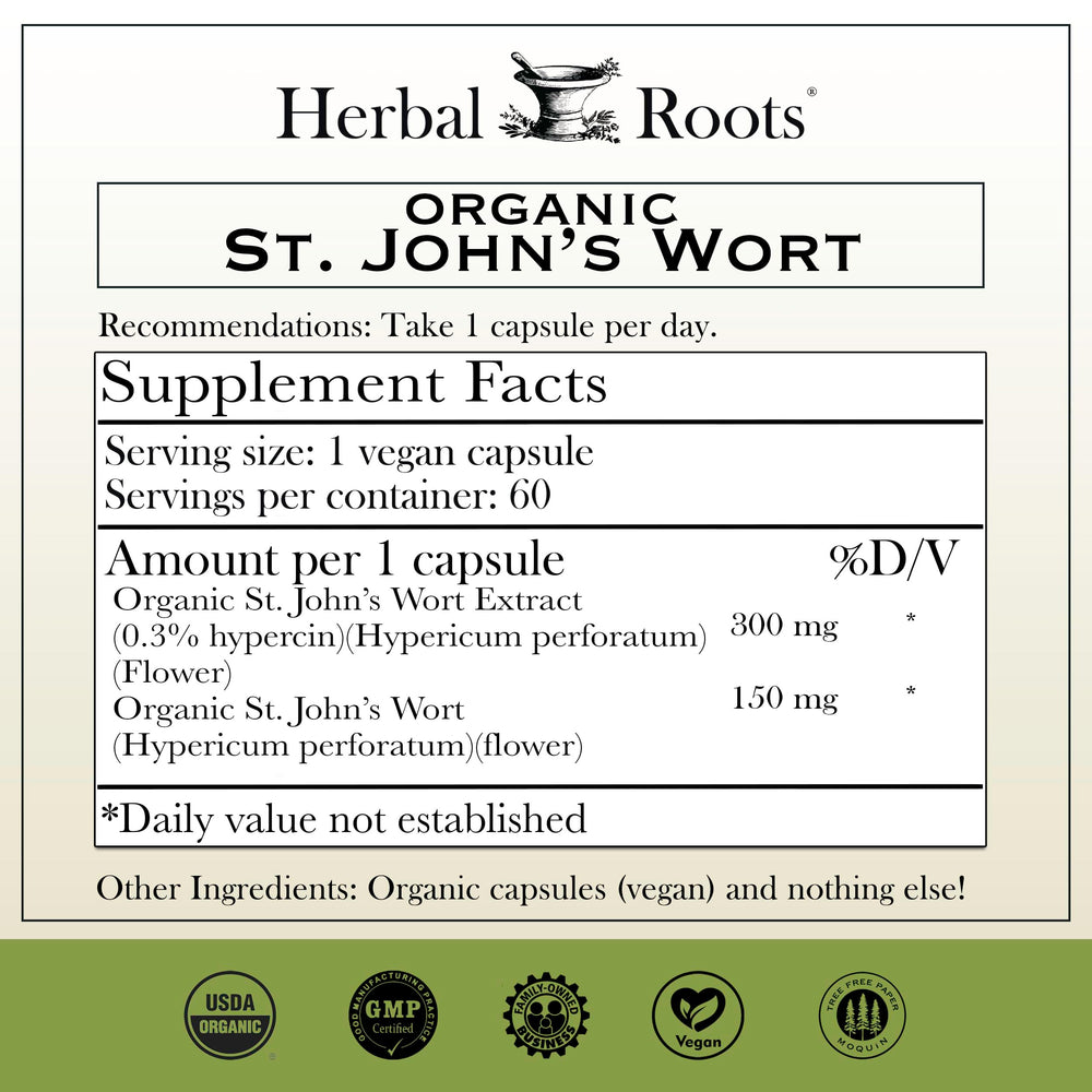 Herbal Roots St Johns Wort capsules close-up showing pure flower extract