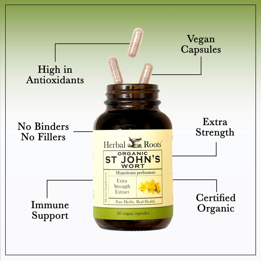 Herbal Roots St Johns Wort label close-up indicating organic sourcing
