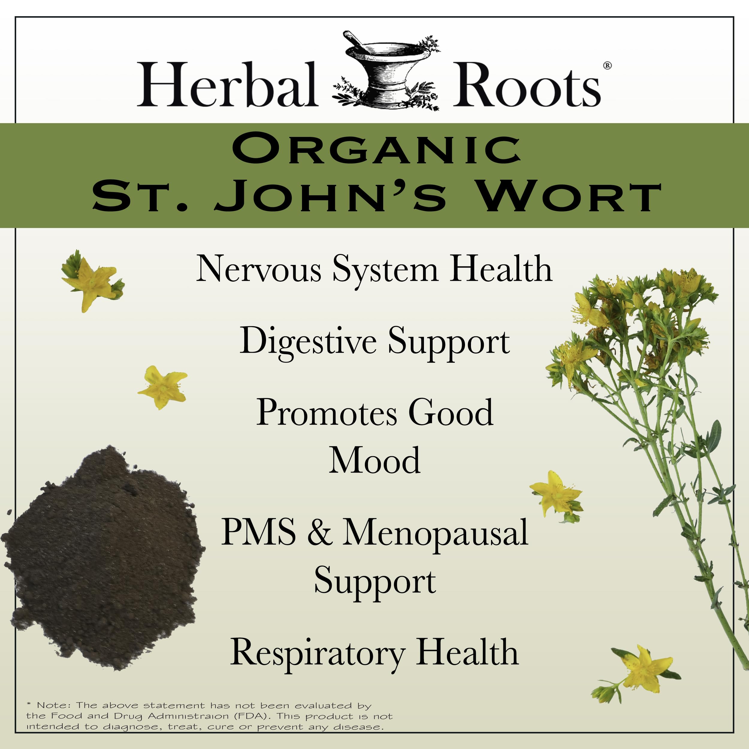 Herbal Roots St Johns Wort packaging highlighting cGMP quality and third-party testing
