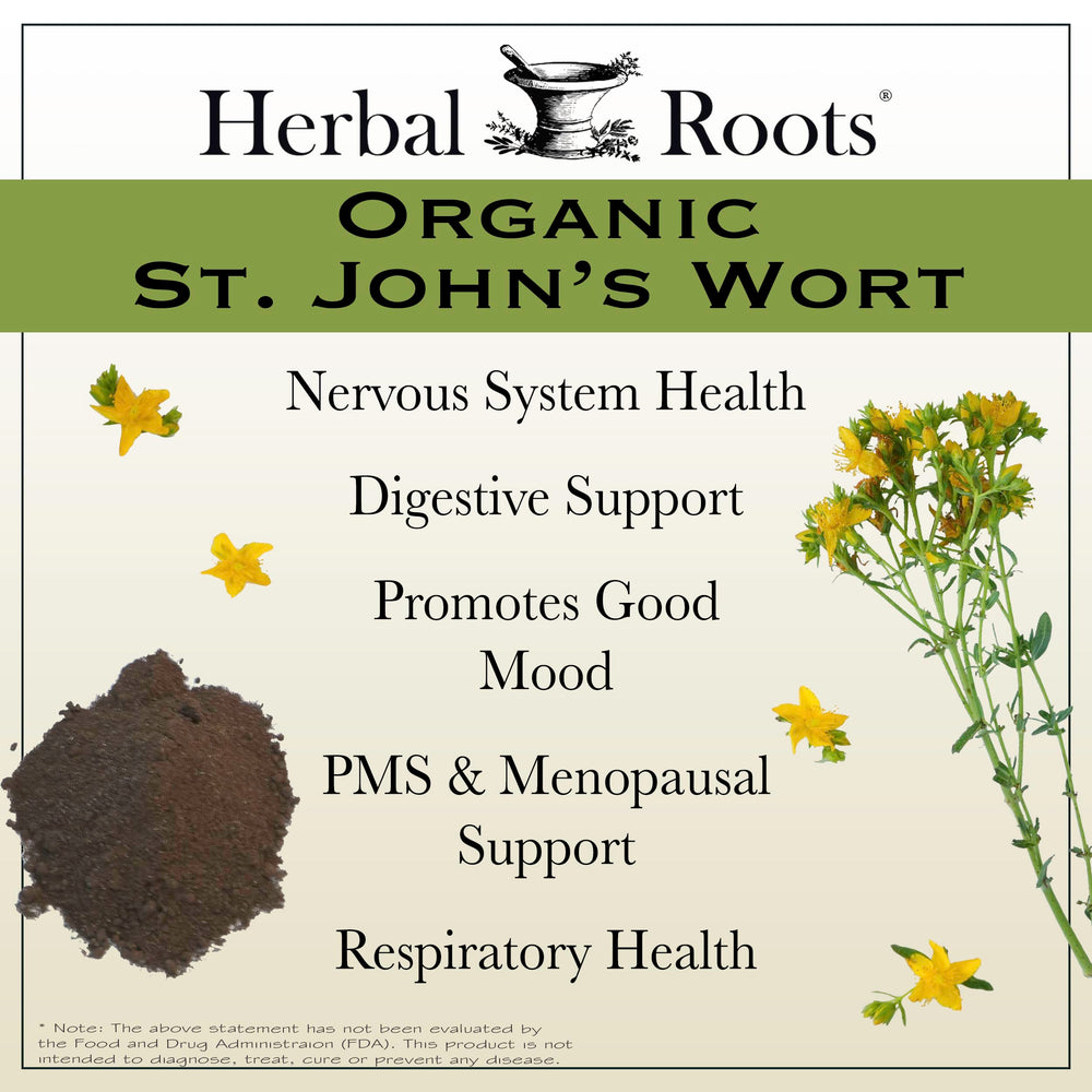 Herbal Roots St Johns Wort packaging highlighting cGMP quality and third-party testing