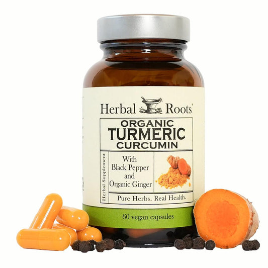 Herbal Roots Turmeric Curcumin bottle front shows extra strength 1000mg for daily vitality.