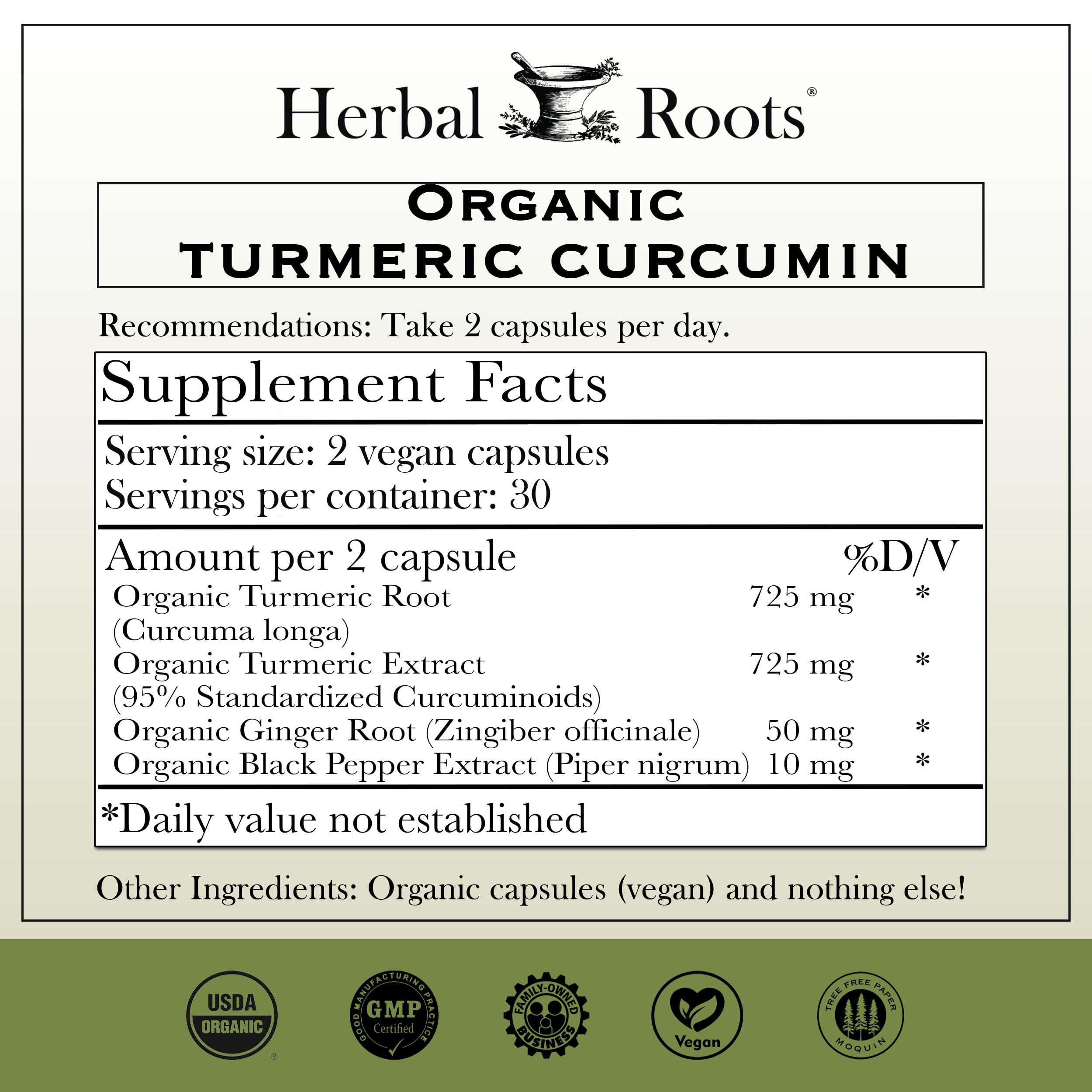 Herbal Roots Turmeric Curcumin bottle label highlights 95% curcumin and BioPerine.