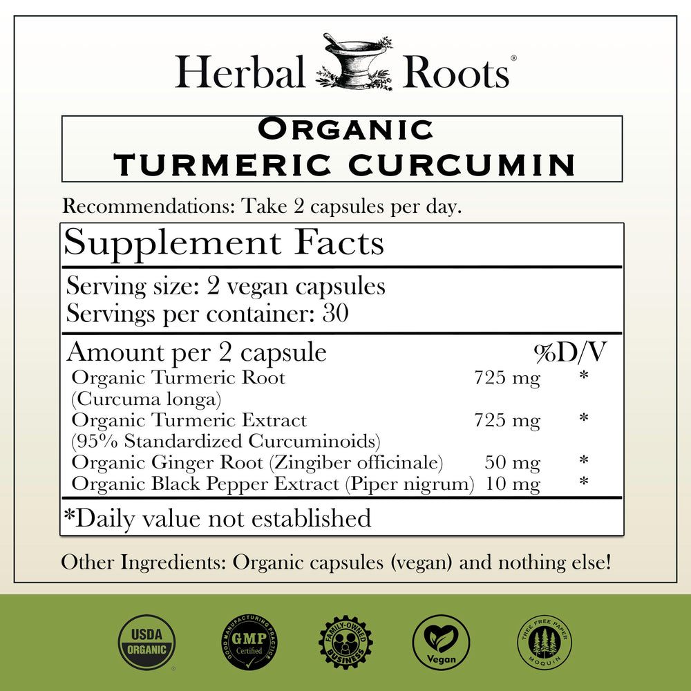 Herbal Roots Turmeric Curcumin bottle label highlights 95% curcumin and BioPerine.