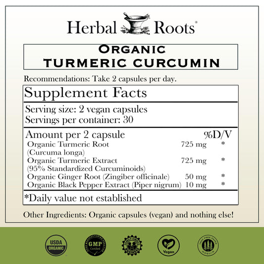 Herbal Roots Turmeric Curcumin bottle label highlights 95% curcumin and BioPerine.