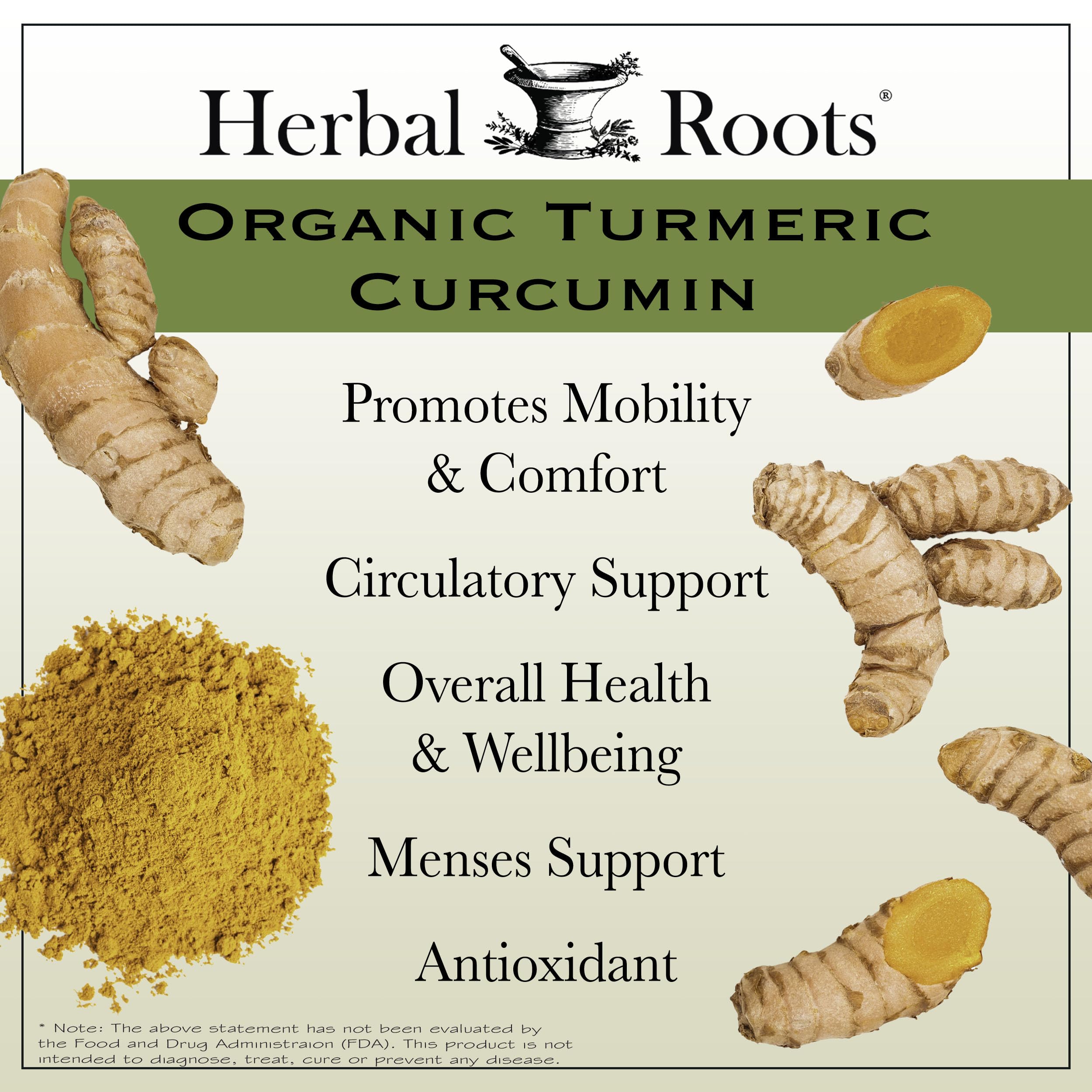 Herbal Roots Turmeric Curcumin capsules close-up reveals a pure, additive-free formula.