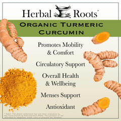Herbal Roots Turmeric Curcumin capsules close-up reveals a pure, additive-free formula.