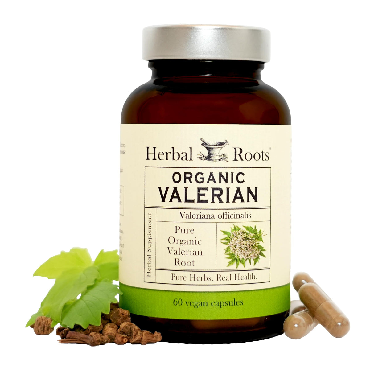 Herbal Roots valerian capsules bottle highlighting organic, non-GMO formula for restful evenings.