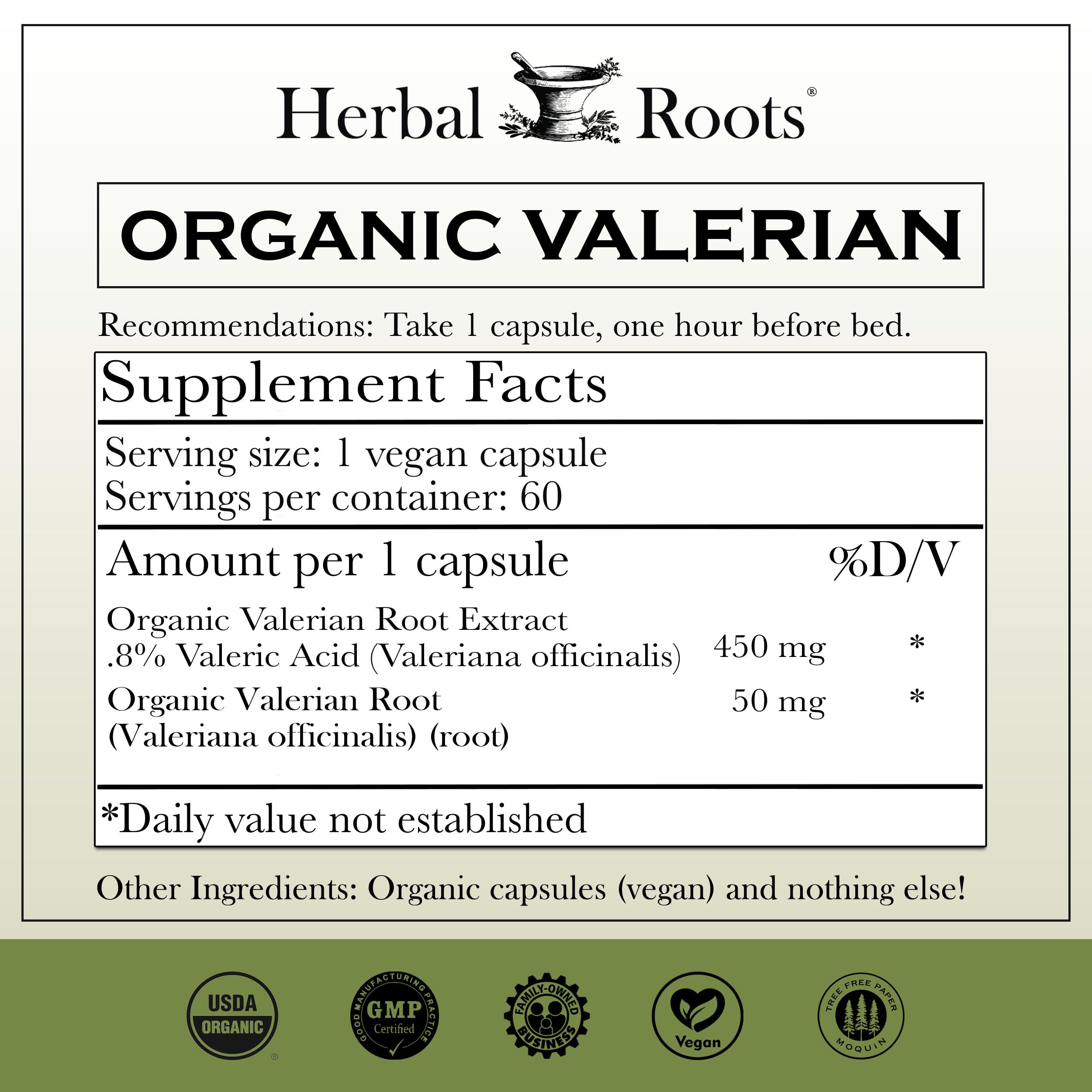 Herbal Roots valerian capsules closeup emphasizing the pungent aroma and premium quality.