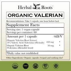 Herbal Roots valerian capsules closeup emphasizing the pungent aroma and premium quality.