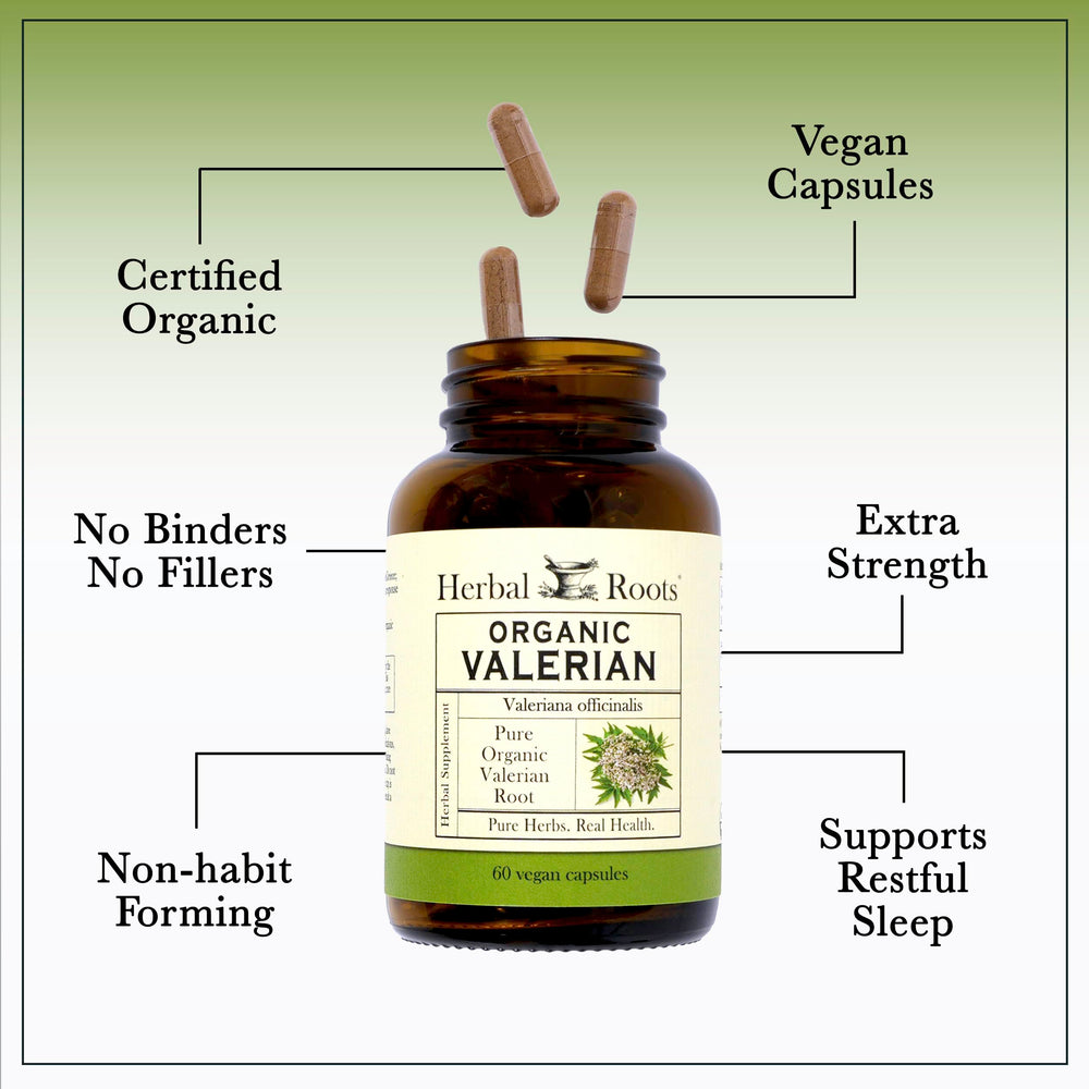 Herbal Roots valerian capsules dosage info shown, supporting informed use and consistent intake.