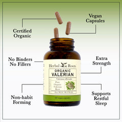 Herbal Roots valerian capsules dosage info shown, supporting informed use and consistent intake.