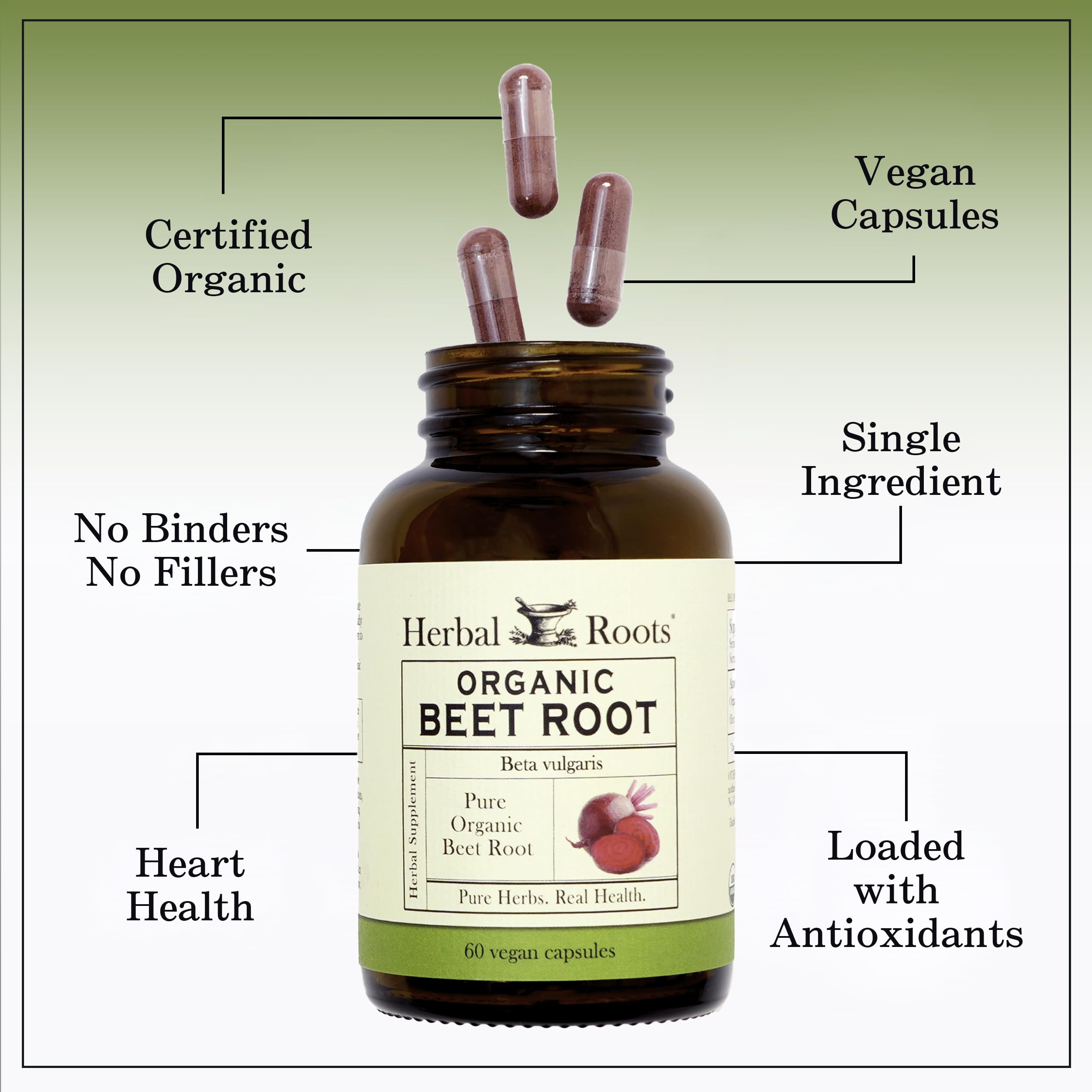 Herbal Roots vegan capsules dosage setup demonstrates convenient daily intake.