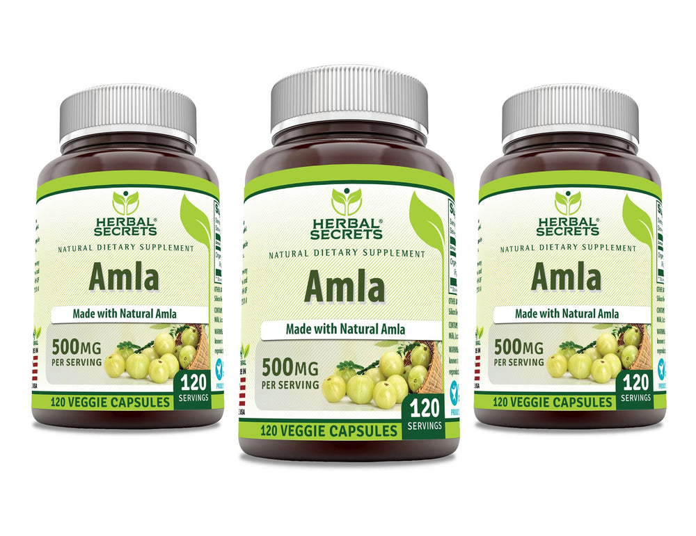 Herbal Secrets Amla capsules close-up; gluten-free 500 mg veggie formula for daily wellness, non-GMO