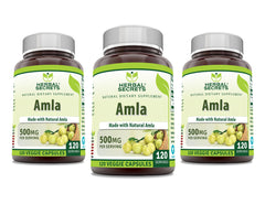 Herbal Secrets Amla capsules close-up; gluten-free 500 mg veggie formula for daily wellness, non-GMO