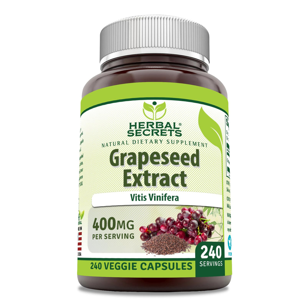 Herbal Secrets Grapeseed Extract bottle pour showing 400 mg capsules for daily supplementation