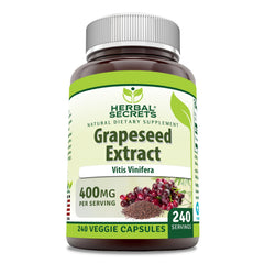 Herbal Secrets Grapeseed Extract bottle pour showing 400 mg capsules for daily supplementation
