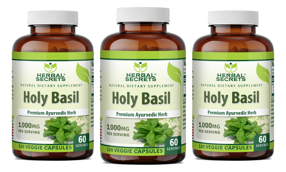 Herbal Secrets Holy Basil bottle with 120 veggie capsules for daily wellness.