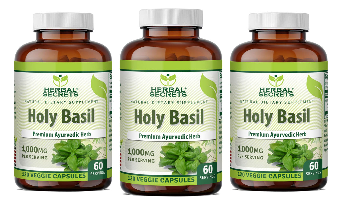 Herbal Secrets Holy Basil bottle with 120 veggie capsules for daily wellness.