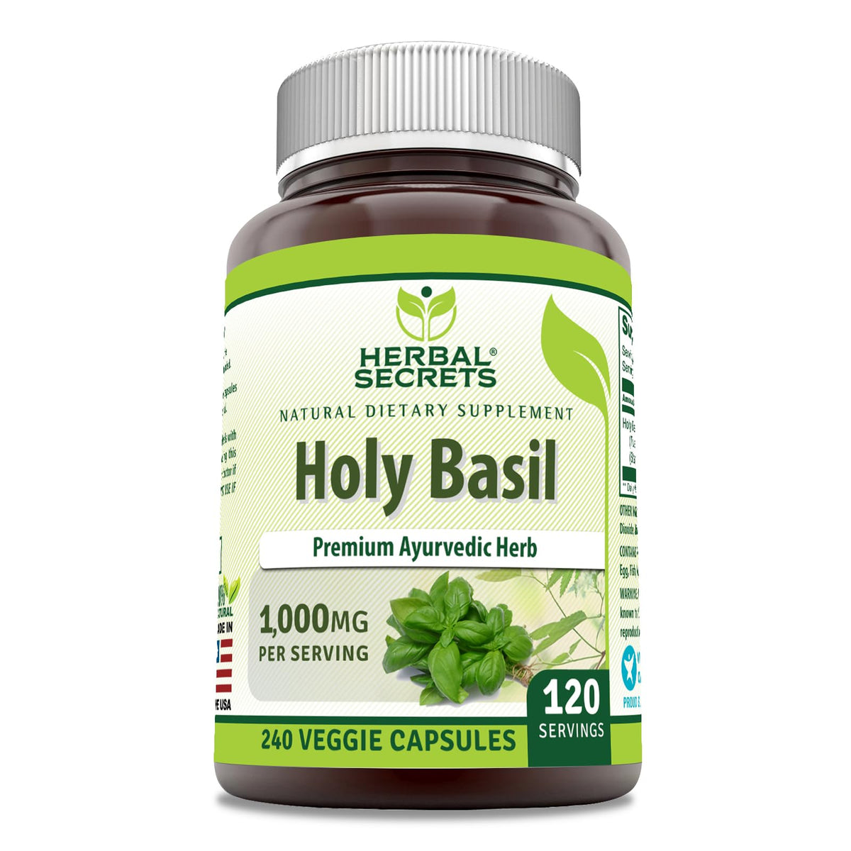 Herbal Secrets Holy Basil bottle label highlights 1000 mg potency for daily use