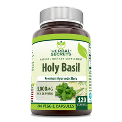 Herbal Secrets Holy Basil bottle label highlights 1000 mg potency for daily use